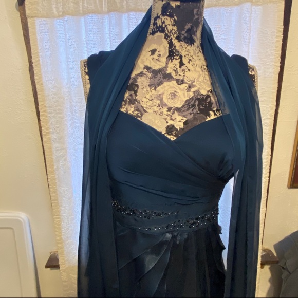 Adrianna Papell Beads Tiered Chiffon Evening Gown Sz 8 Prussian Blue Prom Dress - Picture 12 of 16